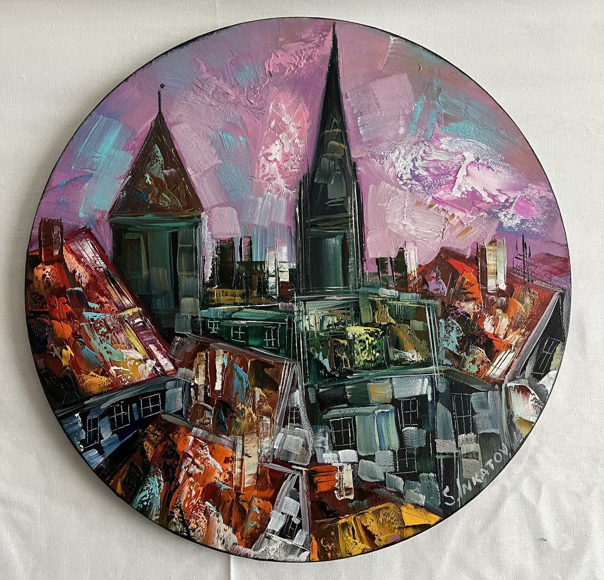 Abstract Cityscapes Oil Painting By Sergei Inkatov, 16 X 16", Evening In The Town, Original Artwork
