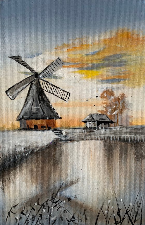 Windmill and small house! A4 size Painting on paper