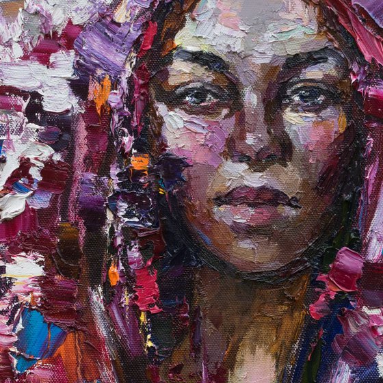 Woman in the red headscarf Original portrait painting on canvas  Palette knife