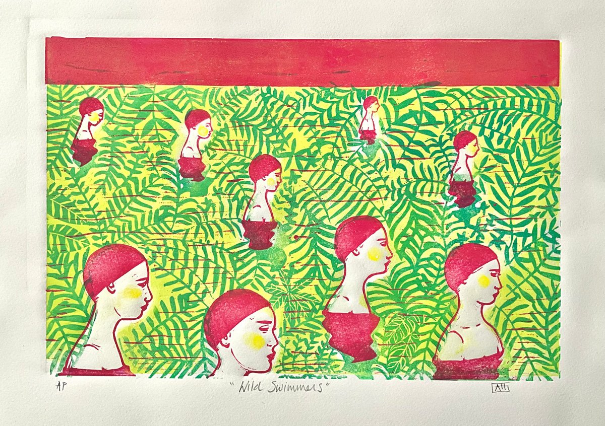 Expressive Landscape Linocut By Alison Headley, 15 X 11, Wild Swimmers (Pink), Original Artwork