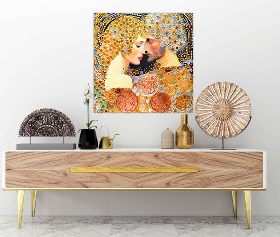 Love original painting. Golden decorative artwork with gold leaf. Gift for woman \ wife