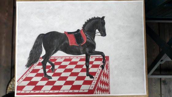 Black horse on a red chessboard