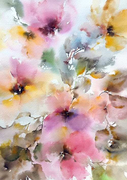 Bright multicolored bouquet, watercolor flower painting "Flower breeze" by Olga Grigo