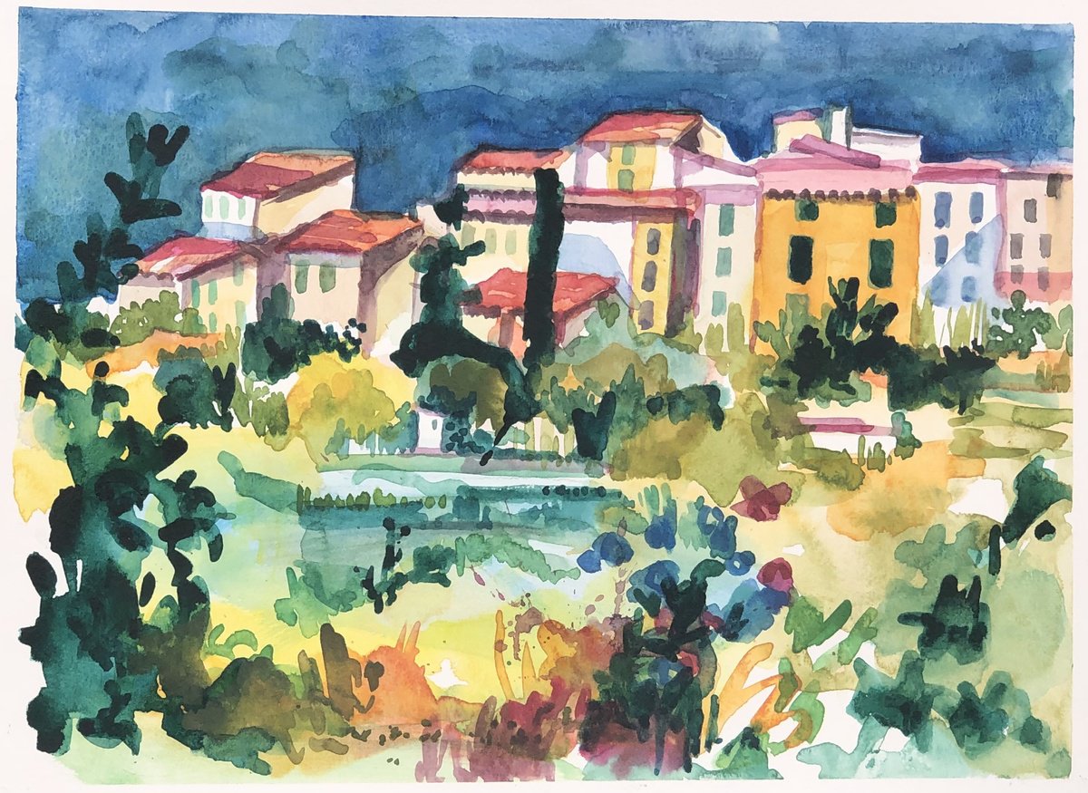 Abstract Landscape Watercolour By Annie Meier, 14 X 10, Provencal Town Of Valensole, Original Artwork
