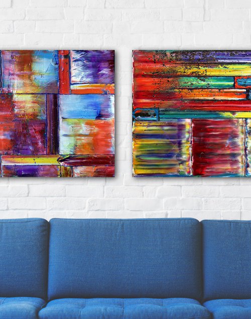 "Get It While It's Hot" - Save As A Series - Unique PMS Geometric Oil Painting Diptych On Canvas - 72" x 24" by Preston M. Smith (PMS)
