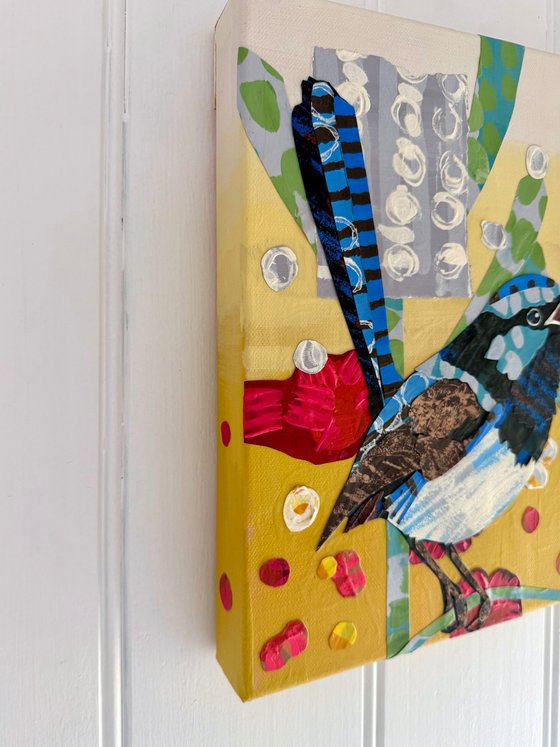 Blue Wren and Banksias Collage Painting