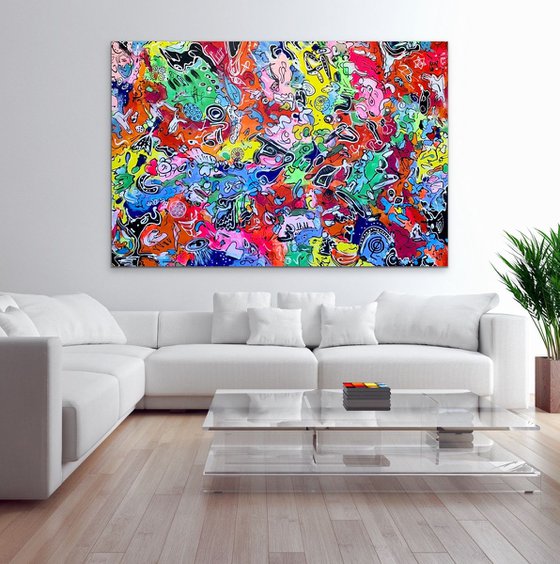 78''x53''(200x135cm), Life in Colors 11, blue, pink, cream, green black, texture, land earth colors canvas art  - xxxl art - abstract art painting- extra large art