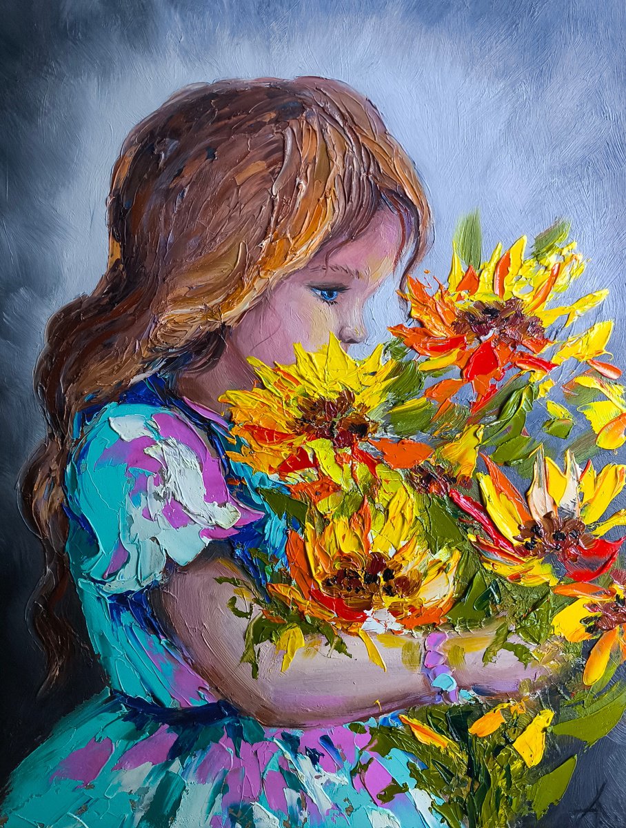 Expressive Portrait Oil Painting By Anastasia Kozorez, 12 X 16, Sunlit Innocence, Original Artwork