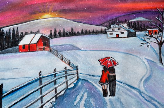 Christmas Romance in the snow acrylic winter painting