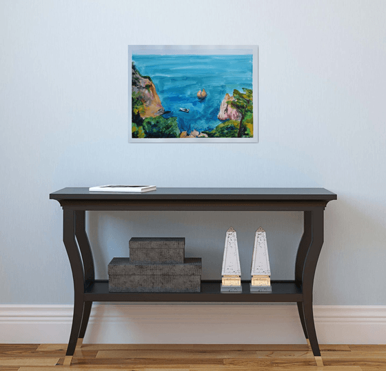 Greece seascape big original watercolor painting, coastal home decor