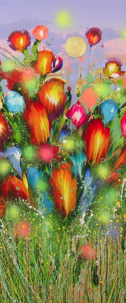 40" Summer flowers at sunset Large Painting by Irini Karpikioti