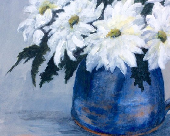 White Chrysanthemums in a Blue Jug