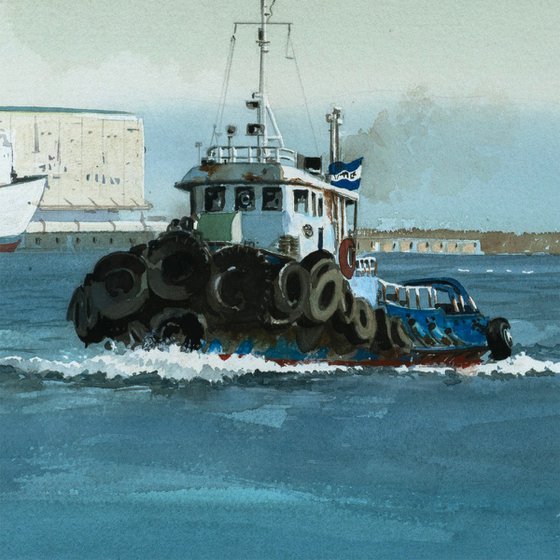 Tugboat and the Passenger Ship at Dusk