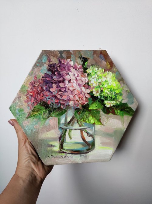 Hexagon oil painting hydrangea, Flowers painting original canvas art, Purple yellow Hortense in glass, Floral artwork oil by Nataly Derevyanko
