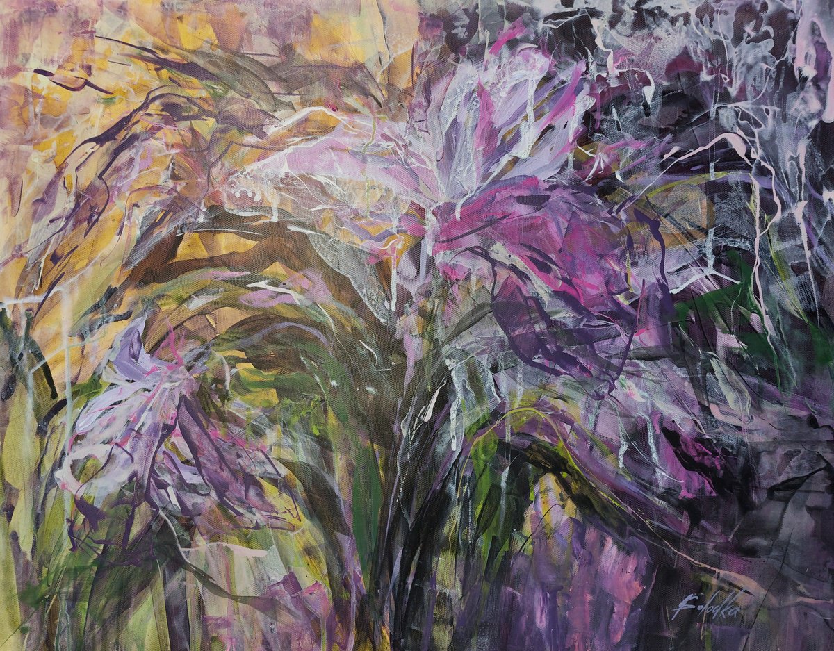 Expressive Botanical Acrylic Painting By Katia Solodka, 30 X 24", Rain Flower, Original Artwork
