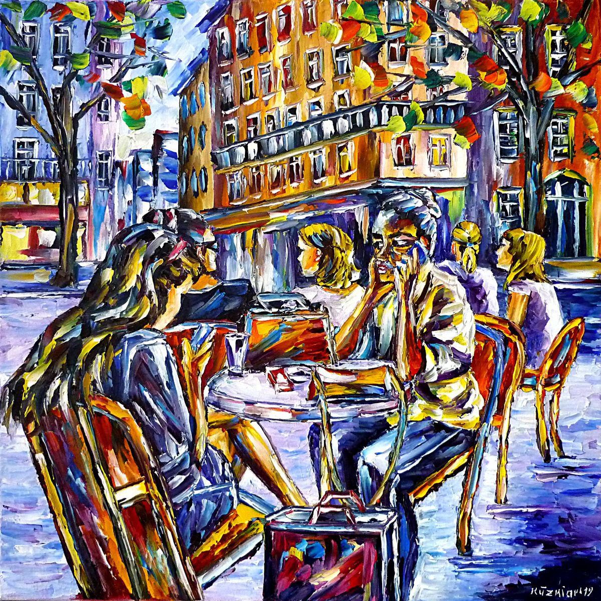 Expressive Portrait Oil Painting By Mirek Kuzniar, 20 X 20", Street Cafe In Paris Ii, Original Artwork
