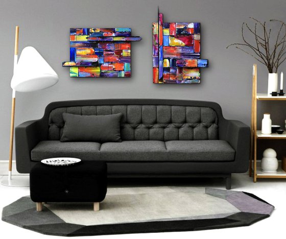 "Get In Shape" - FREE USA SHIPPING - Original Diptych PMS Mixed Media Sculptural Paintings On Wood, Framed -  45 x 26 inches