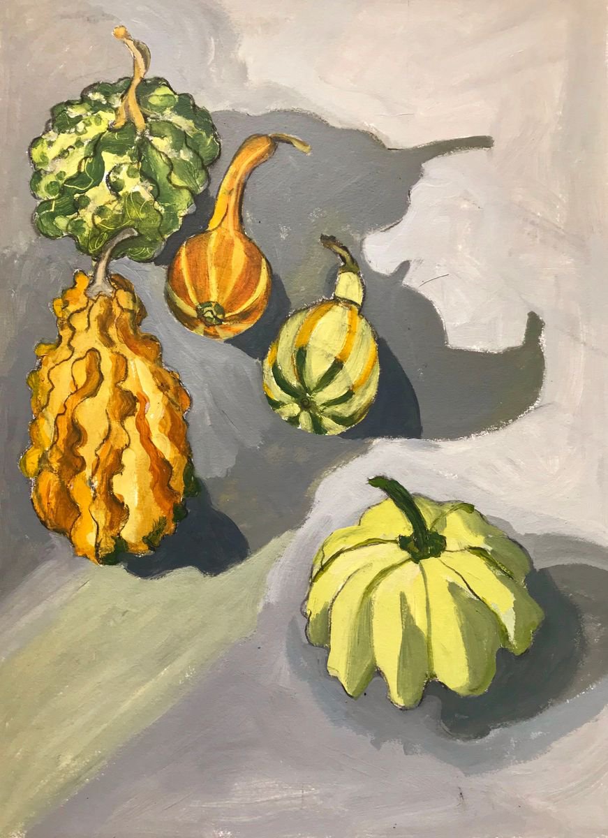 Impressionistic Still Life Acrylic Painting By Christine Callum Mcinally, 14 X 19, Autumn Gourd Creatures, Original Artwork