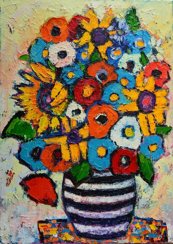 ABSTRACT FLORAL - SUNFLOWERS AND COLORFUL POPPIES IN STRIPED VASE