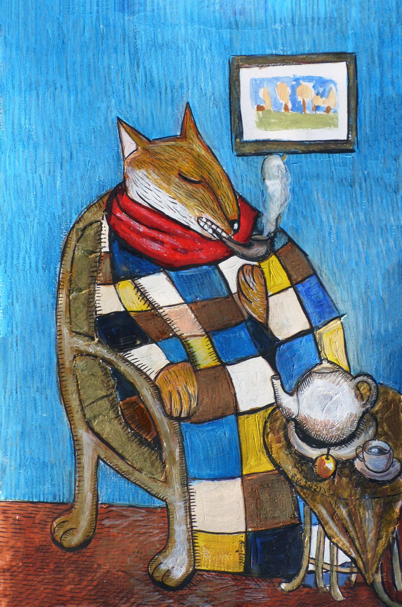 Expressive Animal Painting By Elizabeth Vlasova, 12 X 18, Tea Time#3, Original Artwork