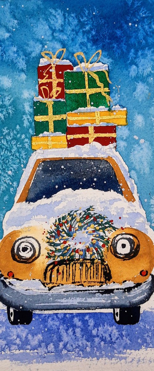 Christmas Postcards hand-made. The car with many presents by Yuliia Sharapova