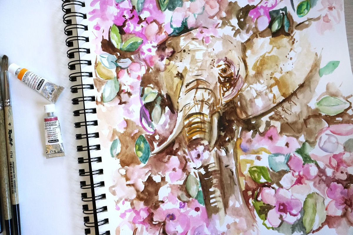 Elephant flowering art. Original watercolor art by Annet Loginova