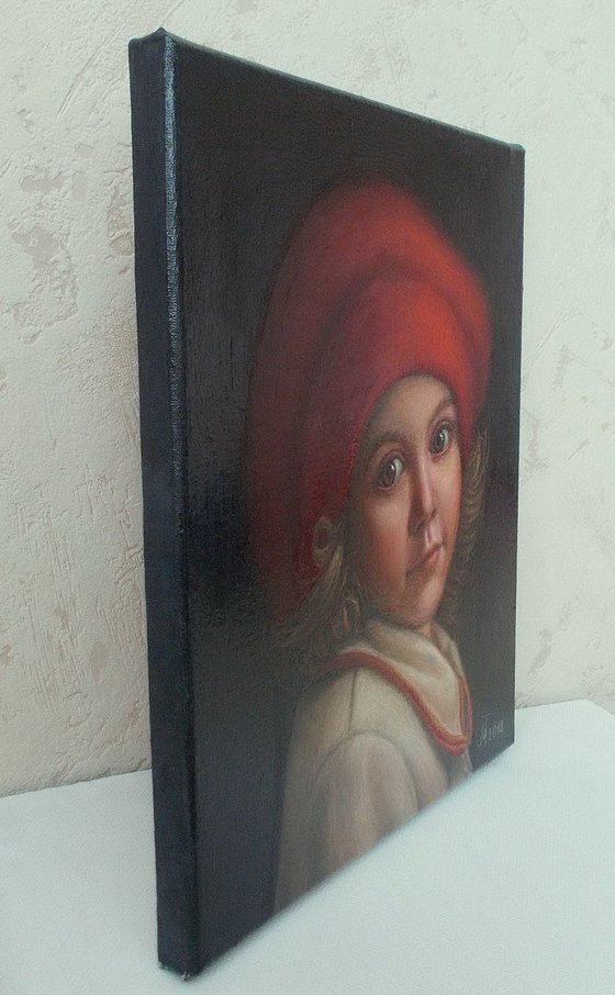 child portrait "Little Red Riding Hood", realistic painting, portrait on canvas