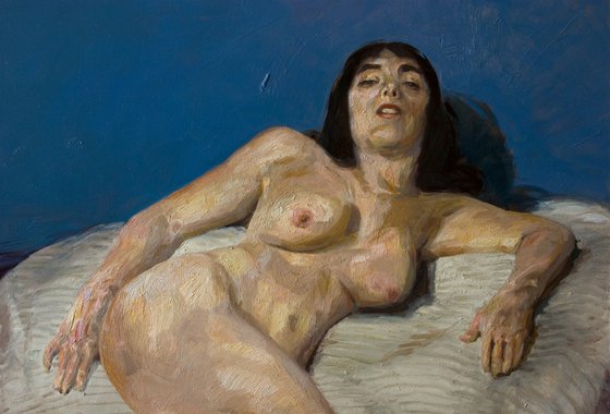 modern nude of a woman on blue background
