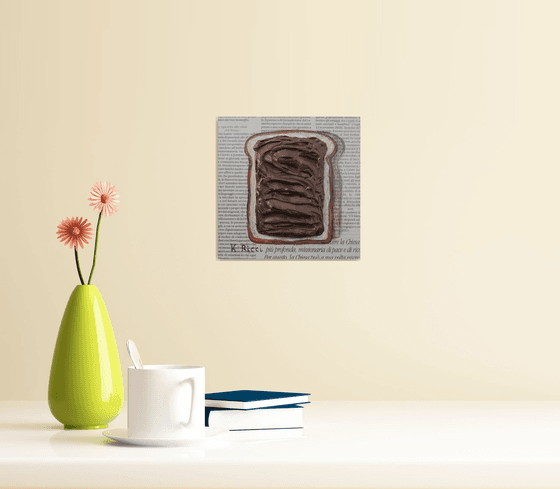 "Toast with Chocolate Cream" Original Acrylic on Wooden Board Painting on Newspaper 6 by 6 inches (15x15 cm)