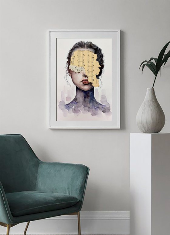 Watercolor Female Portrait Music Collage