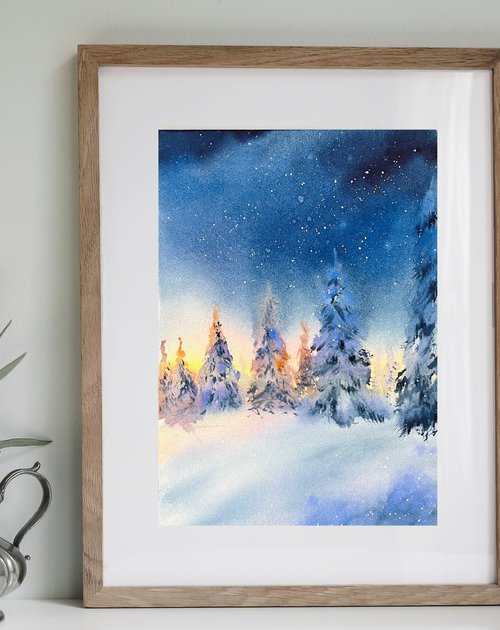 Snowy Night Watercolor by Yana Ivannikova