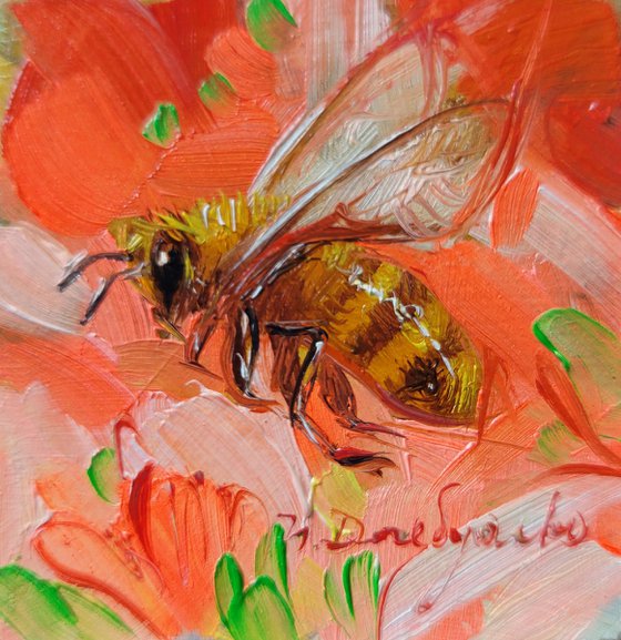 Bee artwork framed oil painting original 2x2, Mini Bee painting oil red, Honey bee wall art decor miniature