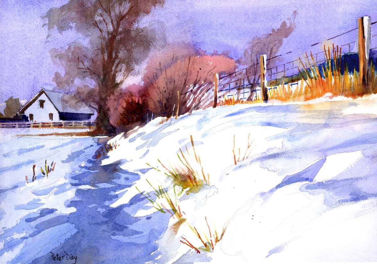 Impressionistic Landscape Watercolour By Peter Day, 19 X 14", Snow Cottage, Original Artwork