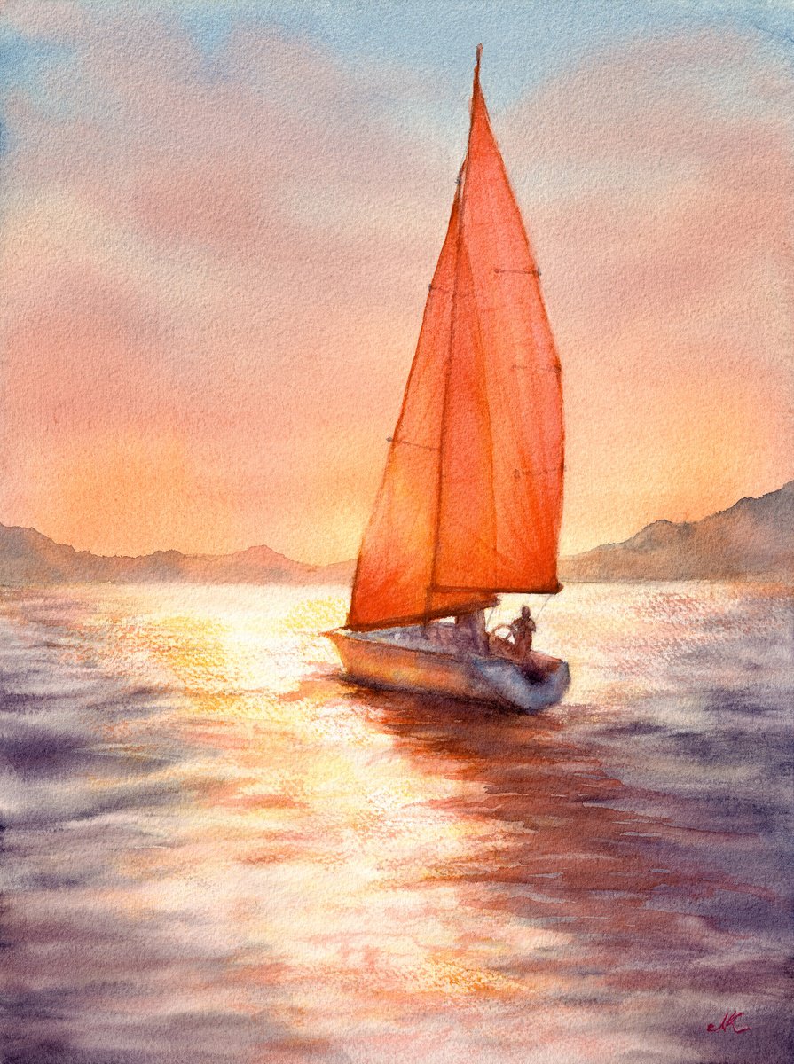 Impressionistic Landscape Watercolour By Kateryna Nazarenko, 9 X 12", Sailing Into The Sunset, Original Artwork