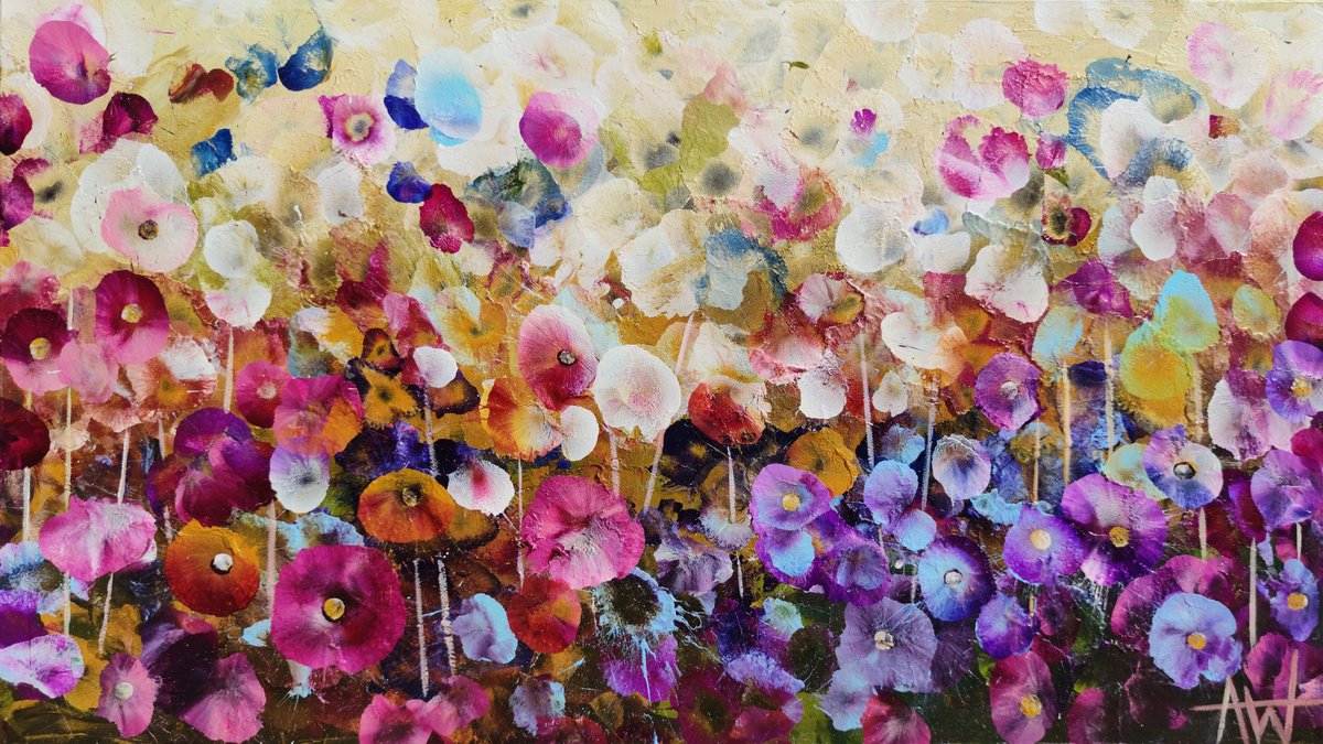 Abstract Botanical Acrylic Painting By Angie Wright, 28 X 16, Violet Wildflowers, Original Artwork