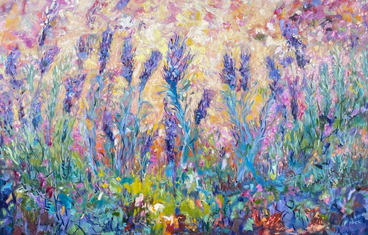 Impressionistic Botanical Oil Painting By Maureen Finck, 36 X 24", My Lavender Is In Flower, Original Artwork