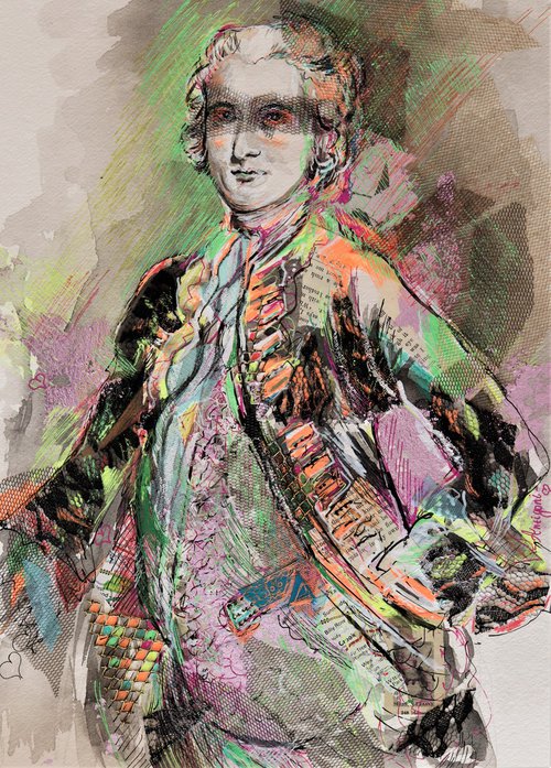 Man Rococo -Cavalier- Portrait mixed media drawing on paper by Antigoni Tziora