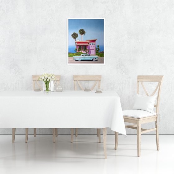 PINK AND TURQUISE by Vera Melnyk (Vintage California Vibes: Pink House, Turquoise Buick, Palm Trees - Ideal for Art Collectors)