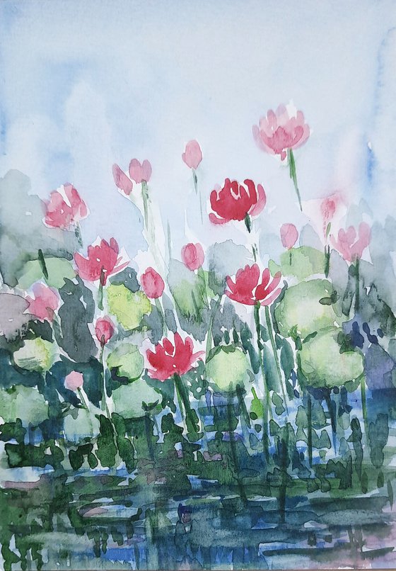 Lotus Pond 1 watercolours on paper 5.8"x8.3" A5