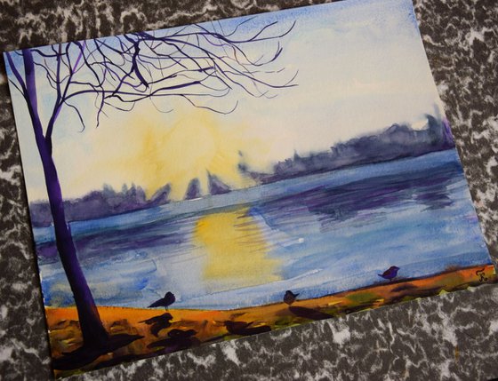 Norwegian watercolor painting Sunset winter lake with birds, romantic gift