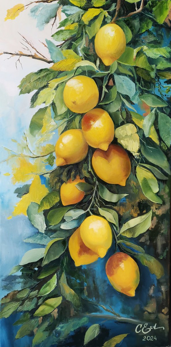 Impressionistic Landscape Oil Painting By Oksana Siciliana, 16 X 31", Sicilian Citrus Harmony, Original Artwork